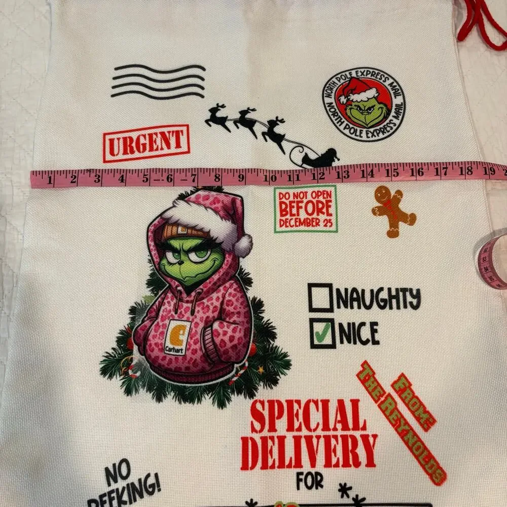 THE GRINCH Christmas Gift Bag Tote White Sz L Comical Fun Cartoonish Holiday